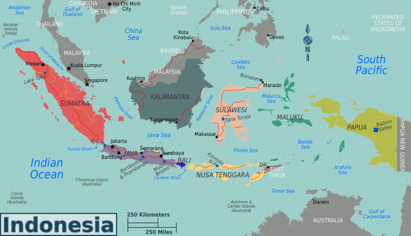 Overview over the different Regions in Indonesia: Sumatra, Java, Kalimantan, Nusa Tengarra, Sulawesi, Maluku and Papua